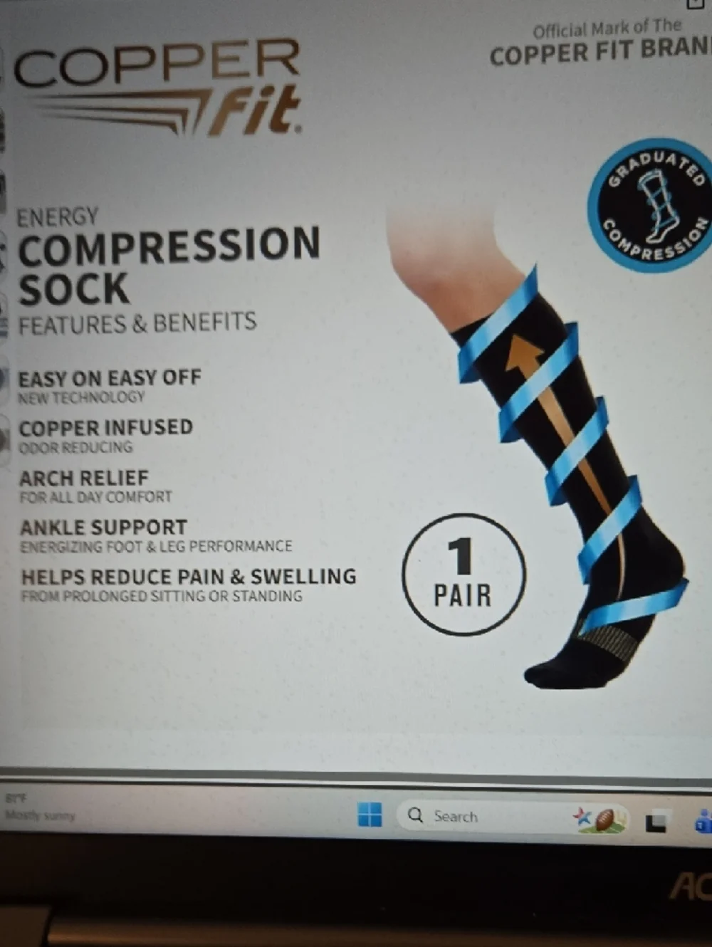 Copper Fit 1 Pair Men's Energy Compression Socks Black Eady On Easy Off L/XL New